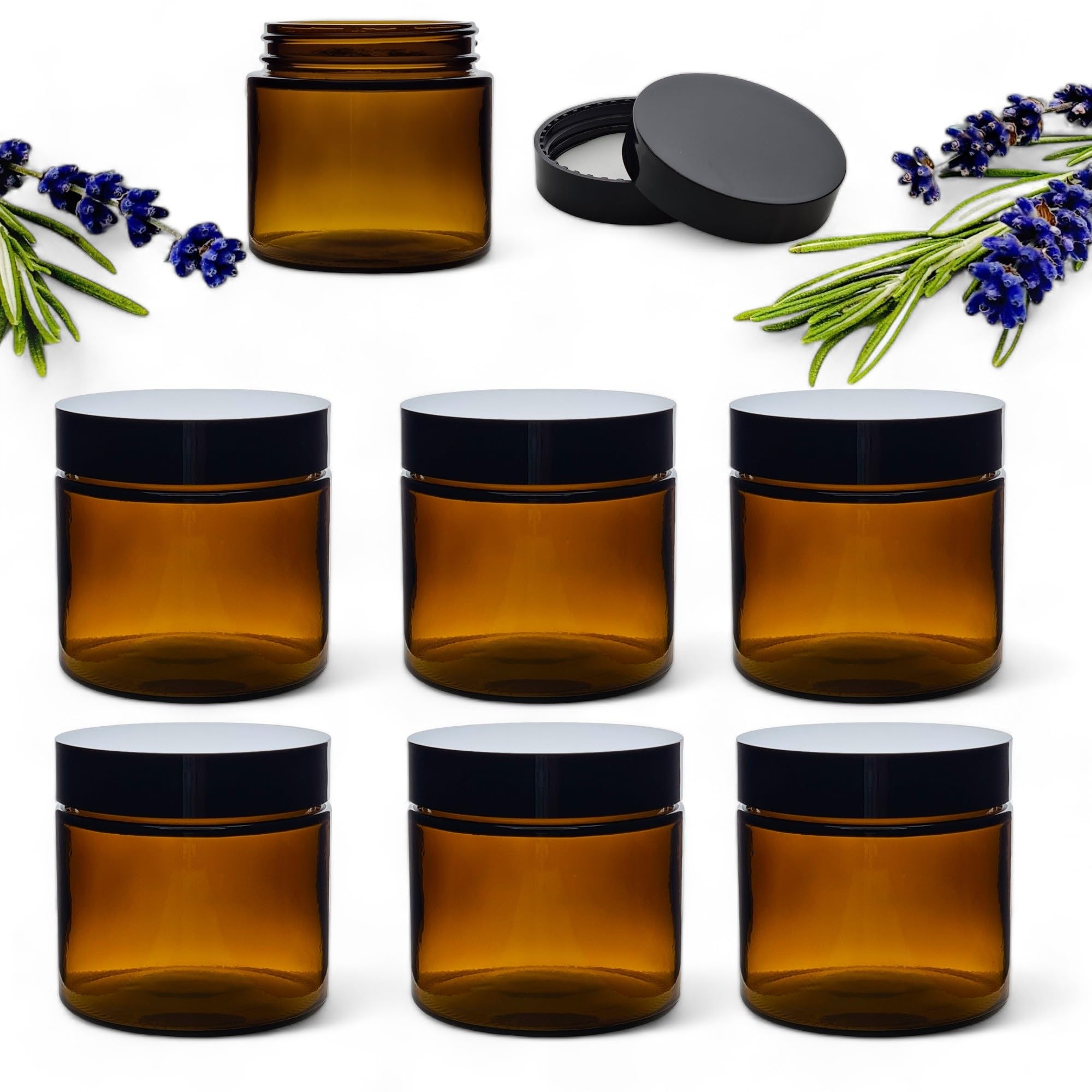 250ml Amber Glass Cosmetic Jar with Airtight Black PET Lid - Durable, UV Protective Packaging for Beauty and Skincare Products, Creams, Candles and More - Pack of 6