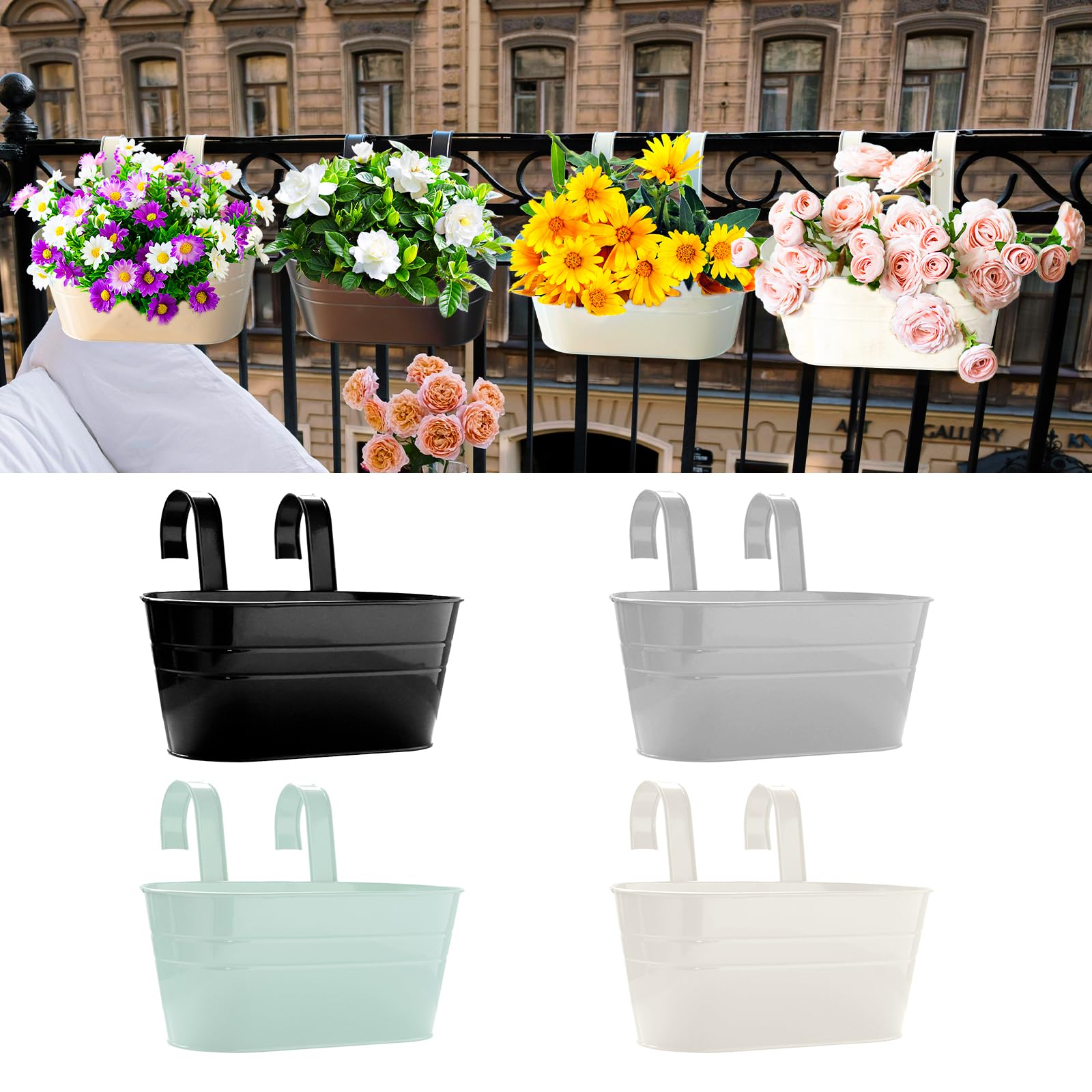TINGSING 4 PCS Metal Hanging Flower Pots 27cm Large Fence Planters Outdoor with Detachable Hooks Hanging Plant Pots Outdoor Balcony Planters for Railing, Garden, Home Decoration
