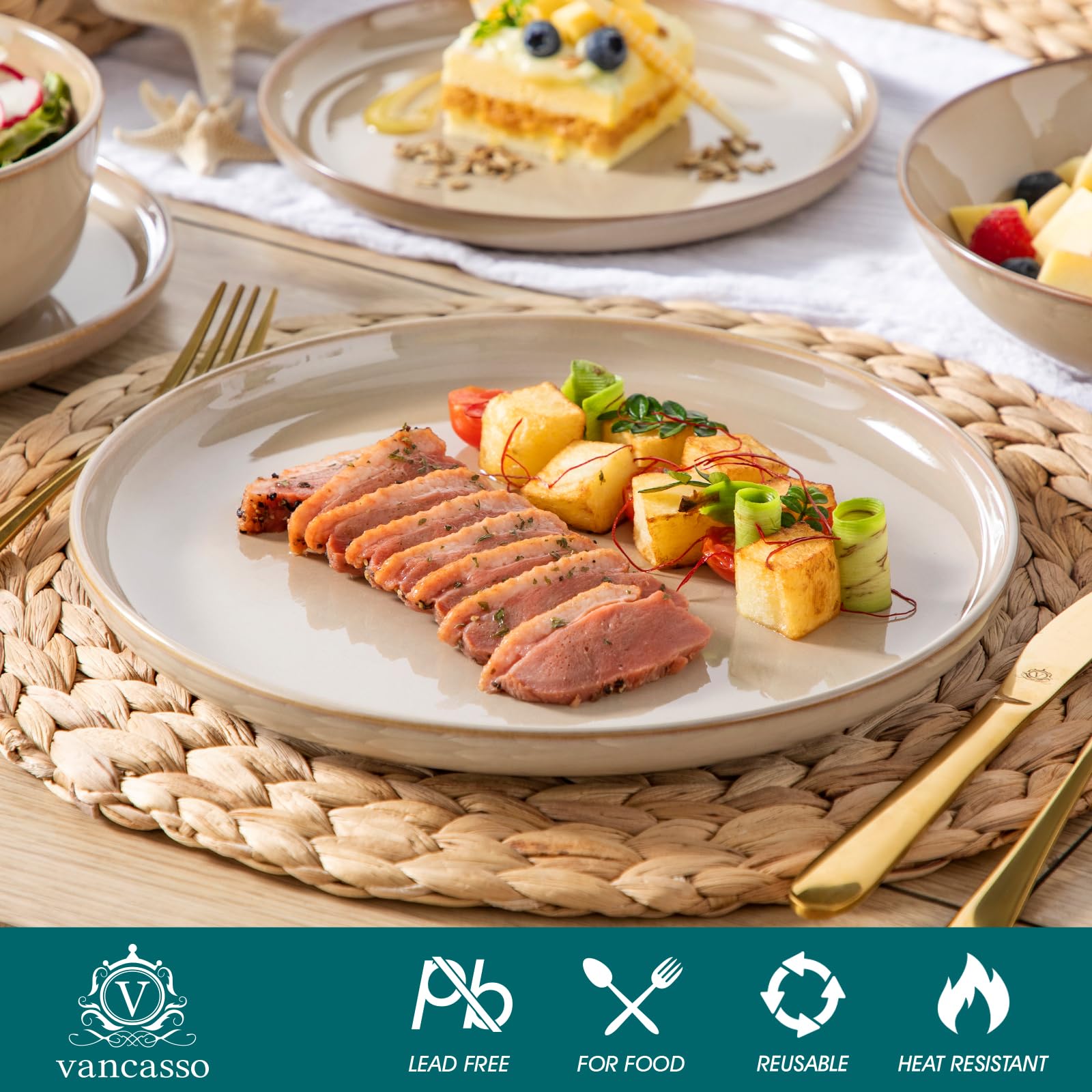 Geschirrset 6 Personen, vancasso PLAYA 24tlg Tafelservice 6 Personen Modern, Steingut Geschirrset, Beinhaltet Schüssel, Dessertteller und Speiseteller, Spülmaschinenfest, Braun 3