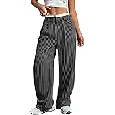 LKOUS Women's High Waisted Dress Pants Stretchy Wide Leg Striped Trousers Casual Work Office Pants with Pockets