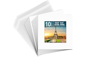 Golden State Art, Pack of 10, Pre-Cut 12x12 White Picture Mat Kit for 8x8 Photo, 10 White Core Bevel Cut Mattes, 10 Backing B