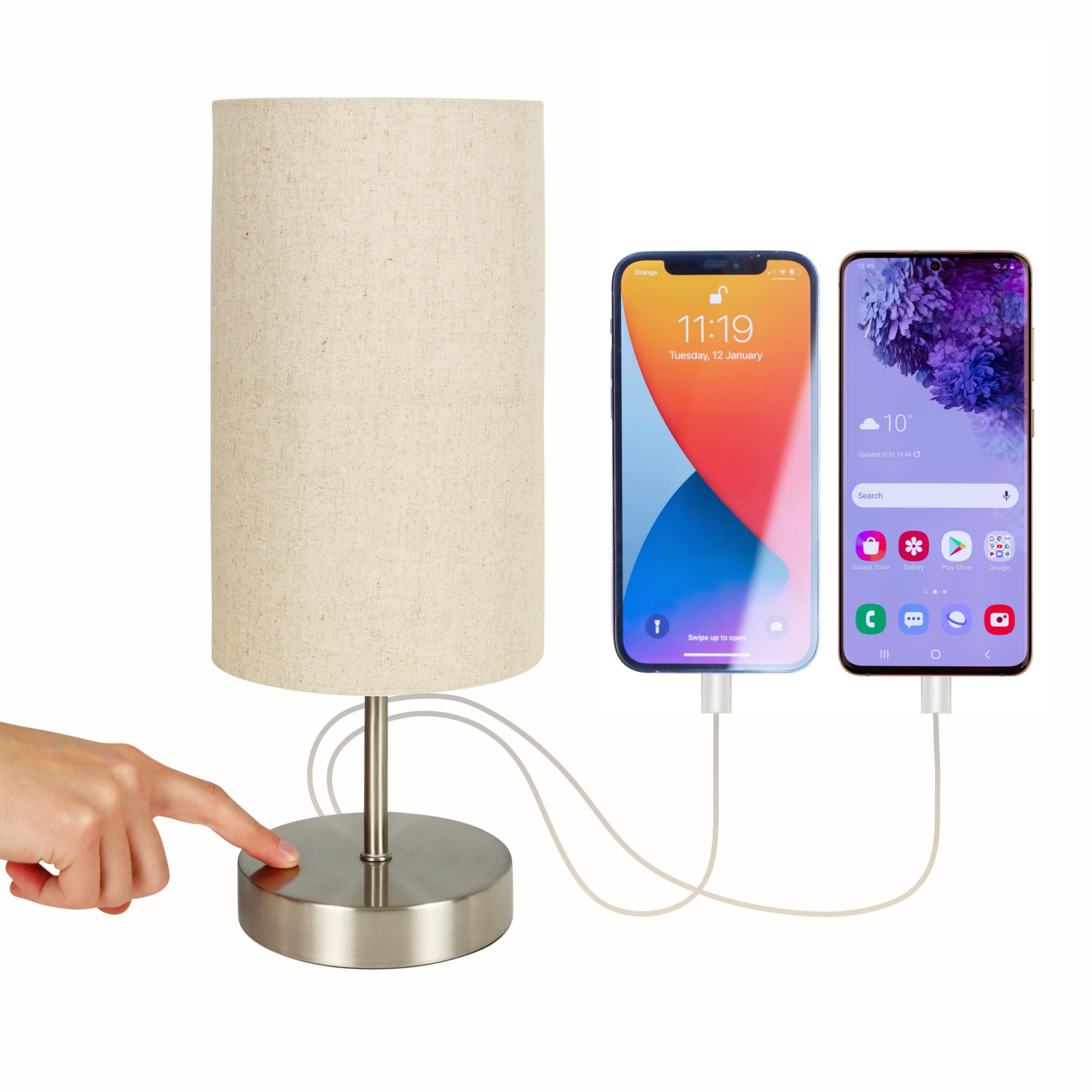 Caza bedside lamps, touch lamps bedside with 2 USB charging ports, a bedside lamp with USB & USB C, Bedside Table Lamp with Fabric Shade for Bedroom, Living Room, Lounge, Office, LED Bulb Included