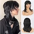 Liyouda Mullet Wolf Cut Wig with Bangs Layered Black Mullet Wig Short Synthetic Mullet Wigs for Black Women Daily Party Cosplay Use