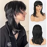 Liyouda Mullet Wolf Cut Wig with Bangs Layered Black Mullet Wig Short Synthetic Mullet Wigs for Black Women Daily Party Cosplay Use
