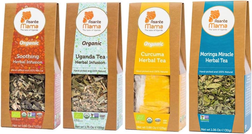 PREMIUM Herbal Tea Sampler Pack - SOOTHING Variety Pack of 4 - Moringa Miracle Herbal Tea with Organic Curcuma (Tumeric), Uganda Tea, Soothing Herbal Infusion