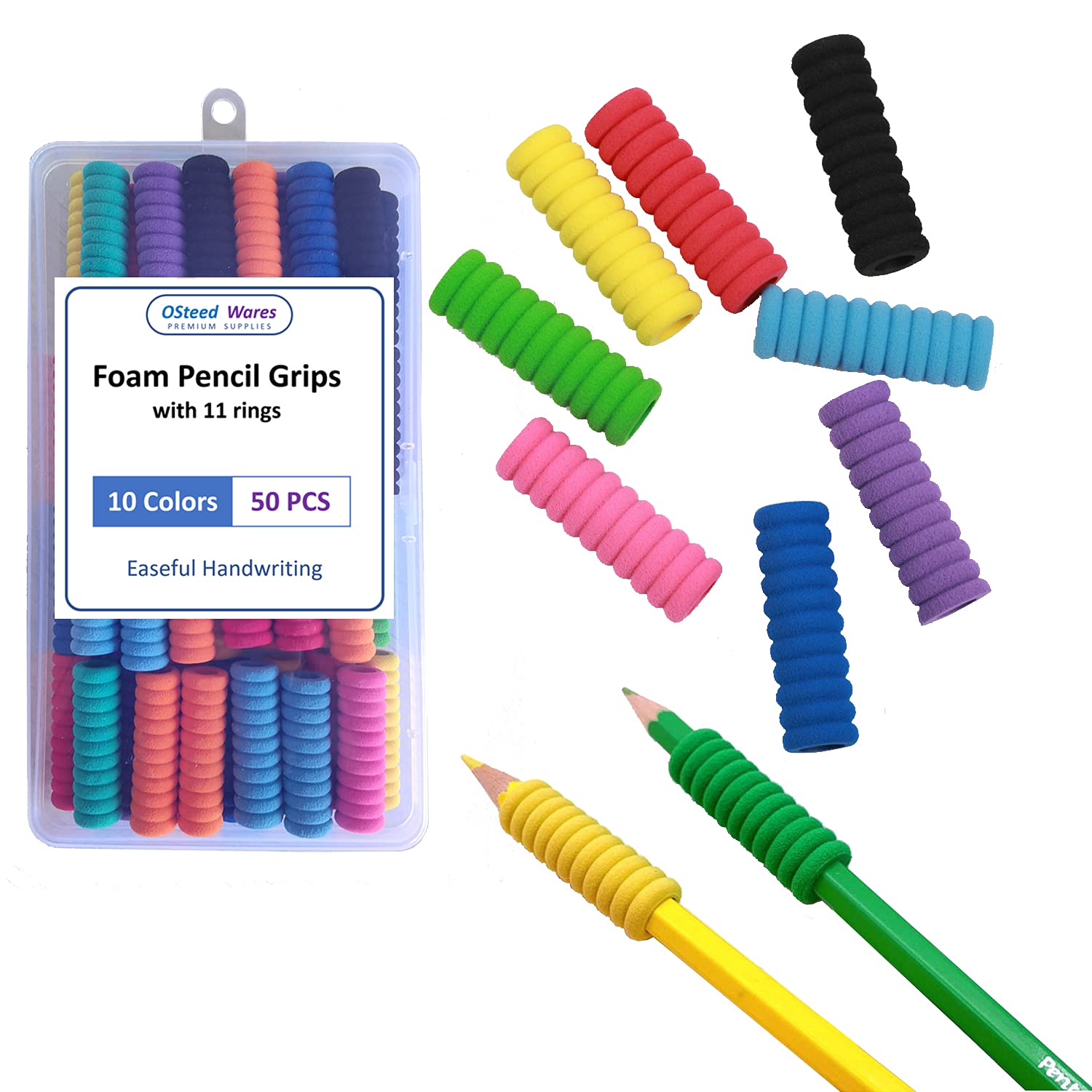 OSteed 50 Pcs Foam Soft Pencil Grips of 11 Rings for Children Handwriting without Tears, School Classroom Essentials, 10 Colors Comfort Pencil Holder for Kids and Adults Relieving Fatigue