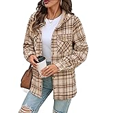 Women’s Plaid Flannel Shacket Jacket Sherpa Lined Fleece Button Up Hooded Coat Fall Winter Oversized Warm Jacket with Pockets