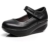 Women's Leather Wedge Mary Jane Laces Hook and Loop Comfortable Round Toe Soft Sole Non-Slip Chunky Platform Casual Pumps for Walking, Working, Dating