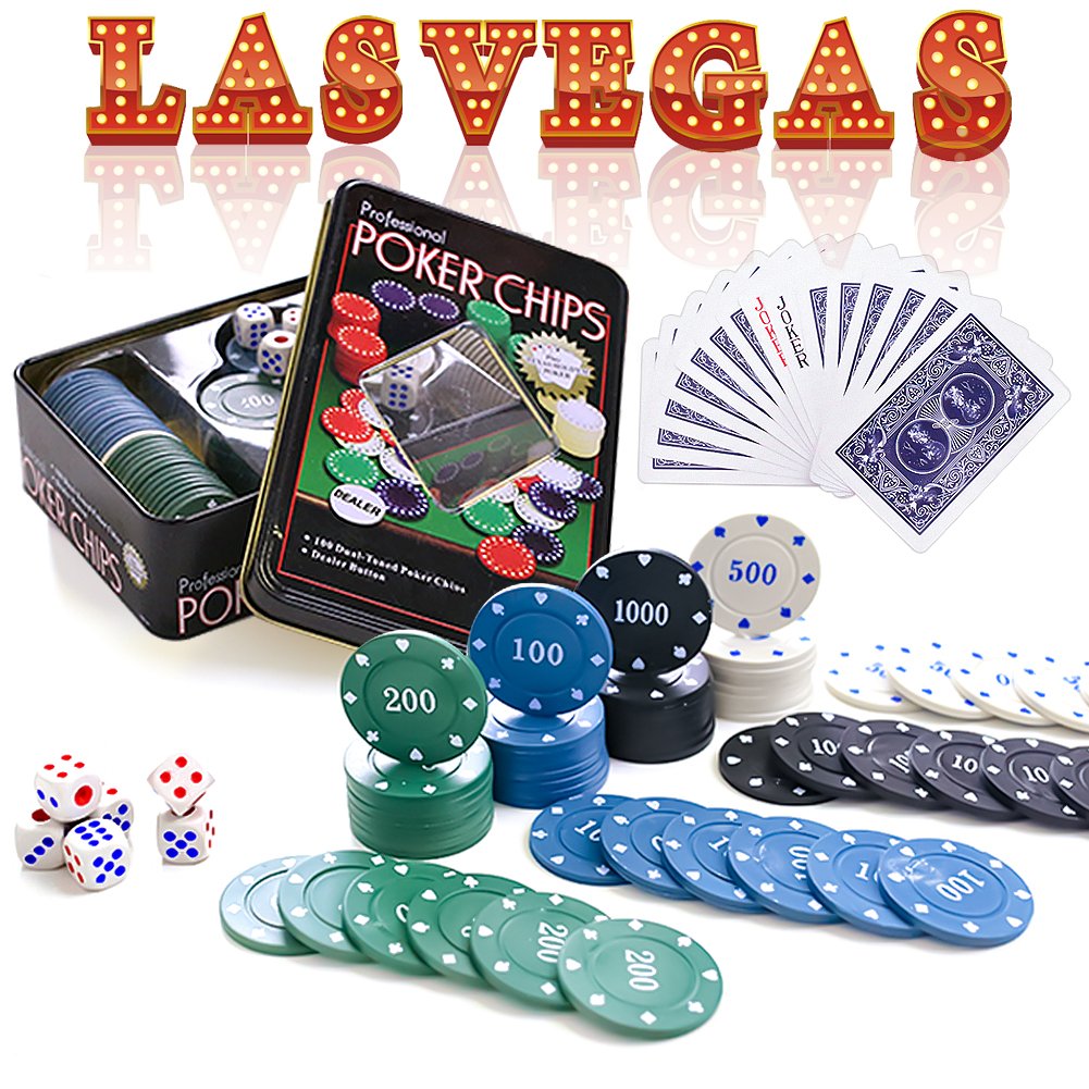 Mcpinky Poker Chips Set, Dice Style Poker Set Trademark Poker with 100 Chips Texas Poker, 1 playing cards, 6 dice