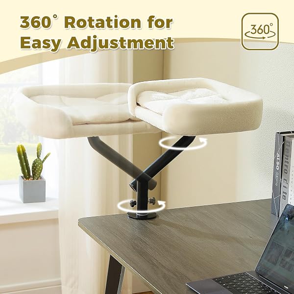 PAWZ ROAD CAT DESK BED FOR INDOOR CATS, CAT BED FOR DESK SUPPORTS UP TO 50 LBS, 360° ROTATION & ADJUSTABLE, NEST DESKTOP ATTACHMENT CATS HAMMOCK FOR TABLE, WHITE