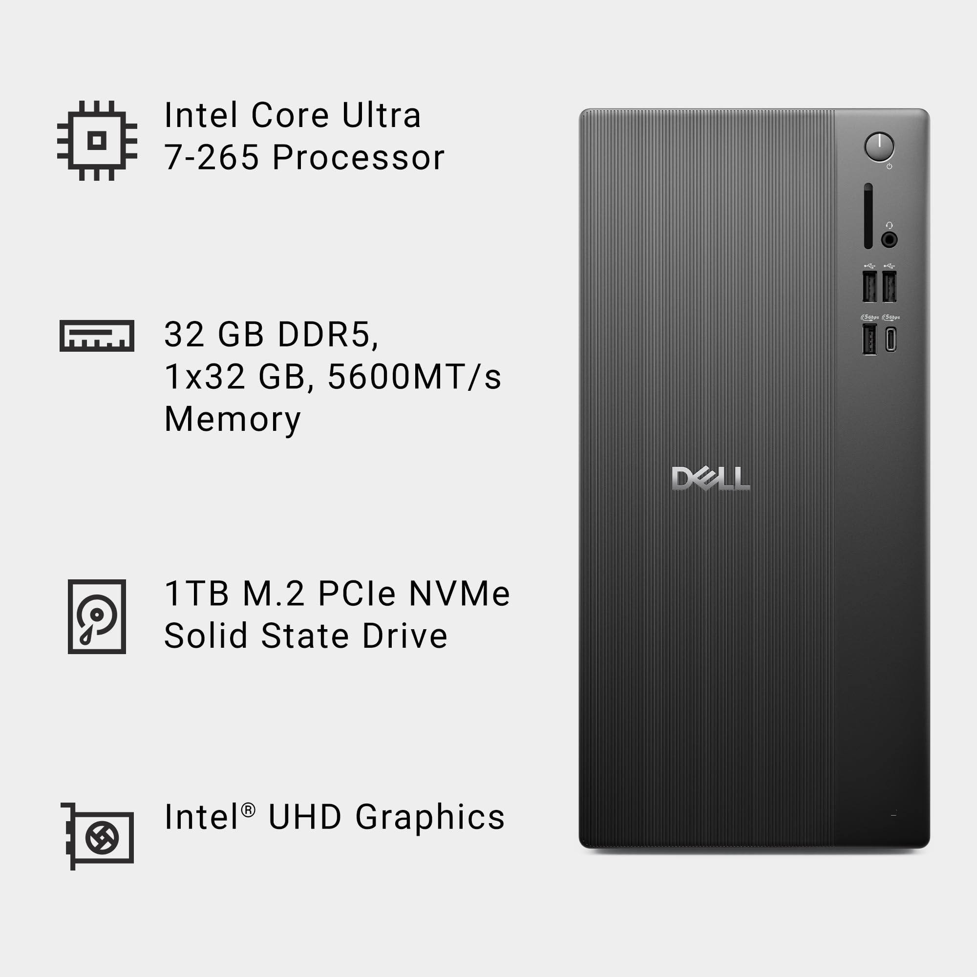 Dell Tower Desktop ECT1250 - Intel Core Ultra 7-265 Processor, Intel UHD Graphics, 32GB DDR5 5600MT/s Memory, 1TB M.2 SSD, 3.0 SD Card Reader, Wired Keyboard and Mouse, Basic Onsite Service