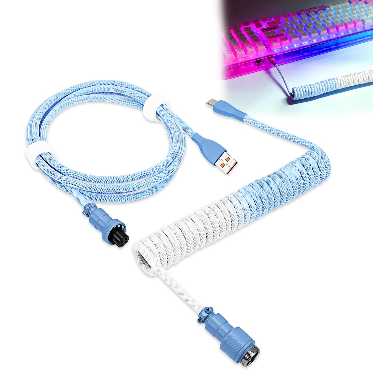UCINNOVATE Pro Custom Coiled USB C Cable for Gaming Keyboard, Double-Sleeved Mechanical Keyboard Cable With Detachable Metal Aviator, 1.8M USB-C to USB-A (Blue & White)