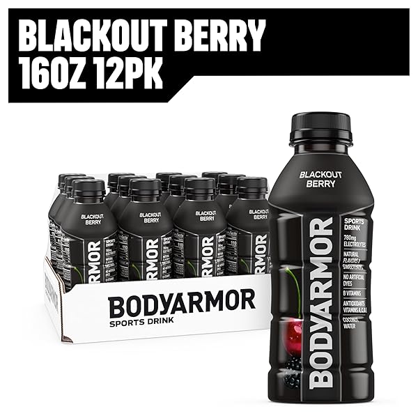 BODYARMOR SPORTS DRINK, BLACKOUT BERRY, ELECTROLYTE DRINK HYDRATION, 16 FL OZ BOTTLES (12 PACK), FLAVORED COCONUT WATER WITH B VITAMINS & ANTIOXIDANTS