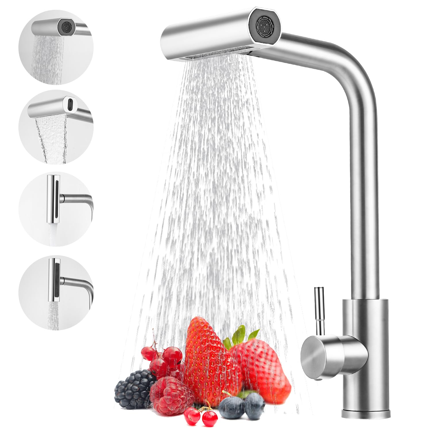 Vuxava Kitchen Tap Extendible with 4 Modes - Stainless Steel Mixer Tap with Waterfall Spout, Kitchen Tap High Pressure 3/8 Inch for Sink