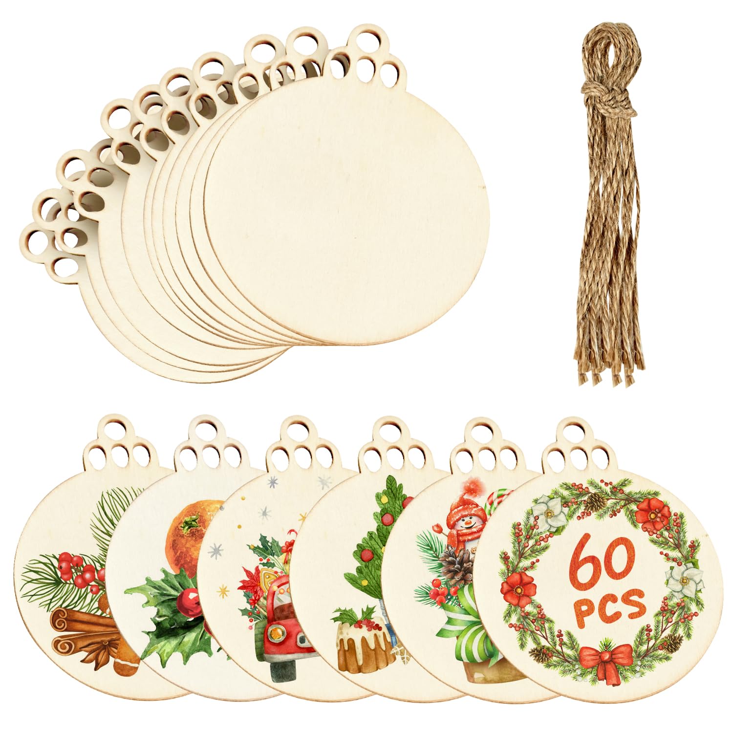 Fuyuleyo 60pcs Wooden Baubles, 3.5" Natural Round Baubles Blank Wood Discs Slices Circles for DIY Crafts Hanging Christmas Tree Decorations