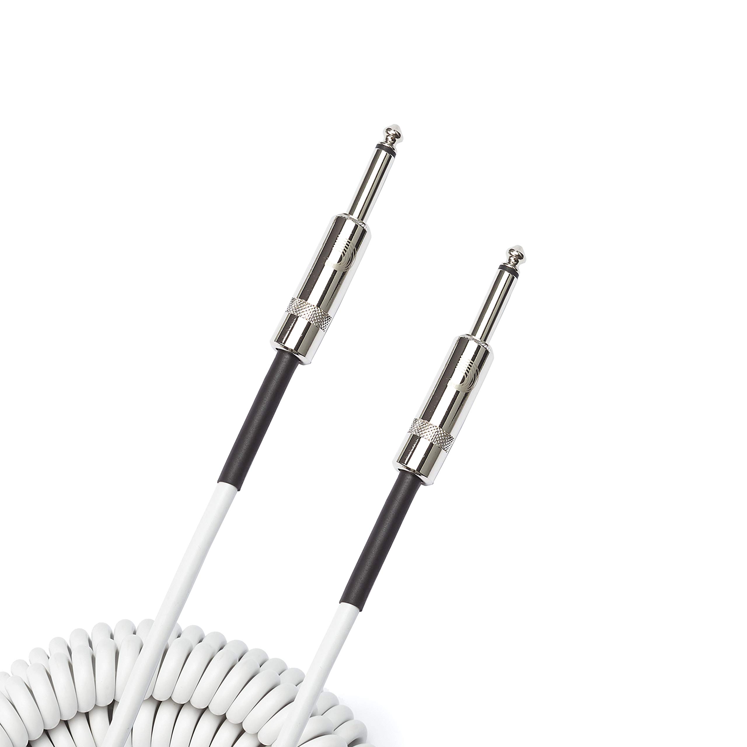 D’Addario Accessories Custom Series Coiled Guitar Cable - Coiled Instrument Cable with Nickel Plated ¼ Inch Ends - Warm, Vintage Look & Tone - 30ft (10ft Coiled) - White