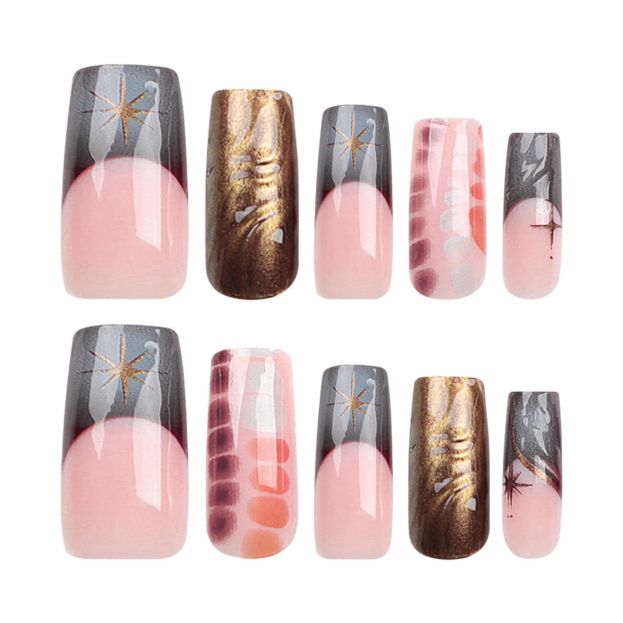 BABALAL Square Press on Nails Long Fake Nails French Tip Glue on Nails Brown Chrome Acrylic Nails 3d Water Wave Design Squoval Stick on False Nails 24Pcs Y2k Manicure Nails for Women and Girls - Image 2