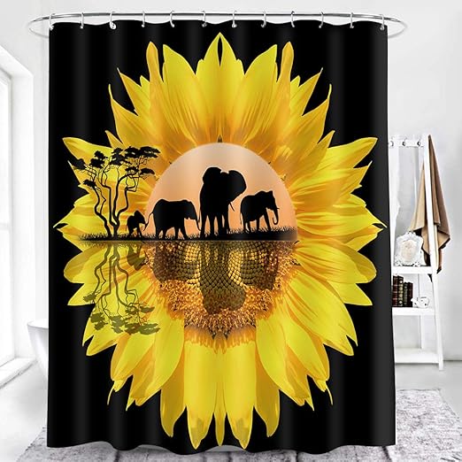 EARVO Yellow Sunflower Shower Curtain, Wildlife Sunset African Savannah Safari