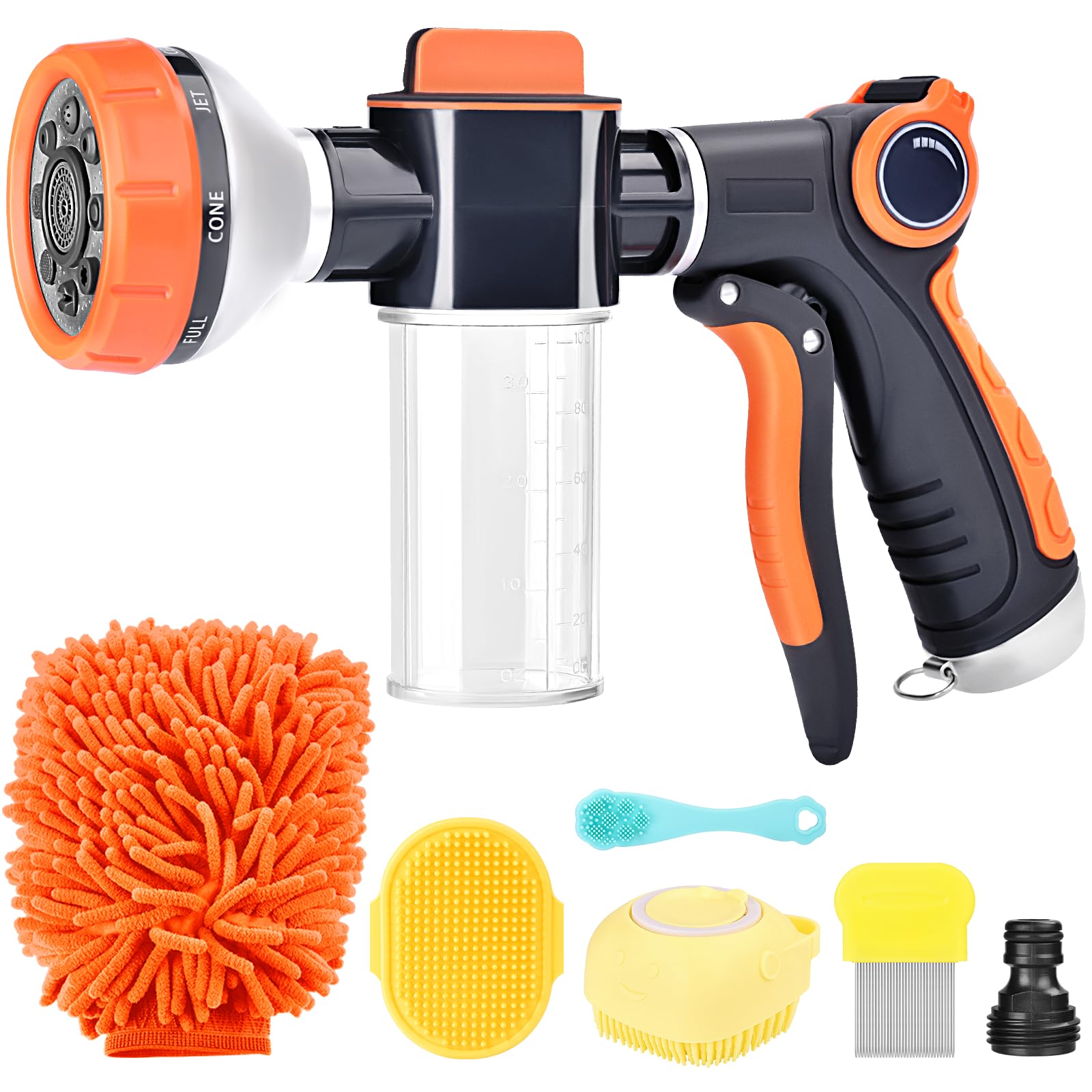 Photo 1 of Upgrade Dog Washing Hose Attachment, 8 Way Spray Pattern Garden Hose Nozzle with Soap Dispenser, Dog Wash Supplies with 2 type Dog Bath Brush, Dog Comb and Toothbursh, Car Washing Mitt