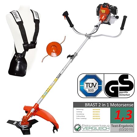 Motorsense Benzin BRAST 3.0 PS 2 in 1 Gerät Freischneider Rasentrimmer Rasenmäher 52cm³ TÜV geprüft