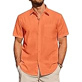 Alimens & Gentle Mens Linen Shirt Short Sleeve Casual Untucked Button Down Cotton Shirts Lightweight Beach Tops Summer