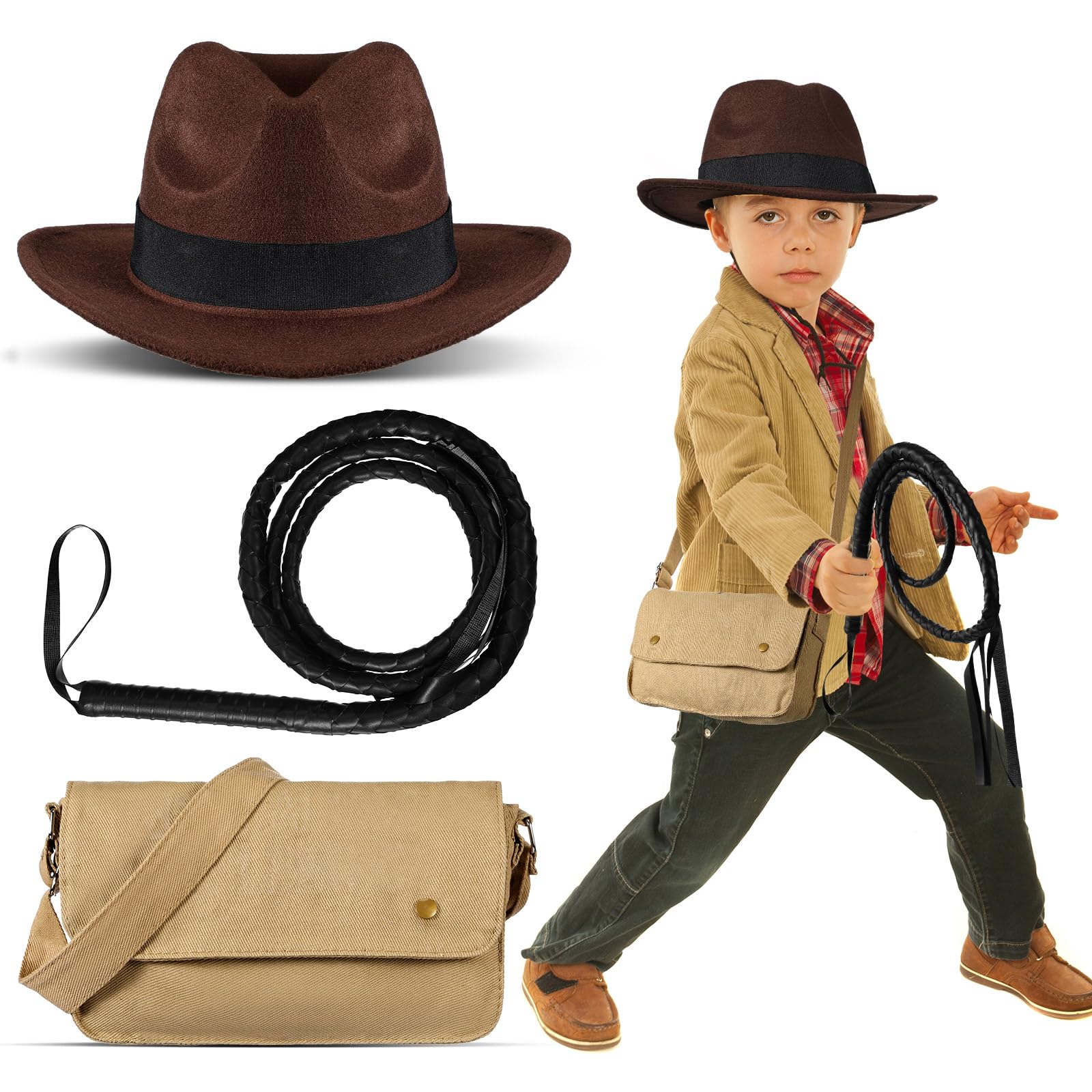 Photo 1 of ***Jacket missing***Mepase 3 Pcs Halloween Costume Include Canvas Bag, Brown Felt Hat, Faux Leather Whip for Boy Girl Halloween Cosplay Accessory