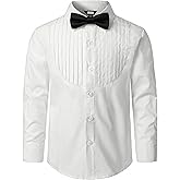 JOGAL Boys Dress Shirts Kids Pleated Tuxedo Shirt with Bow Tie for 6-14 Years Old Boys Button Down Shirt