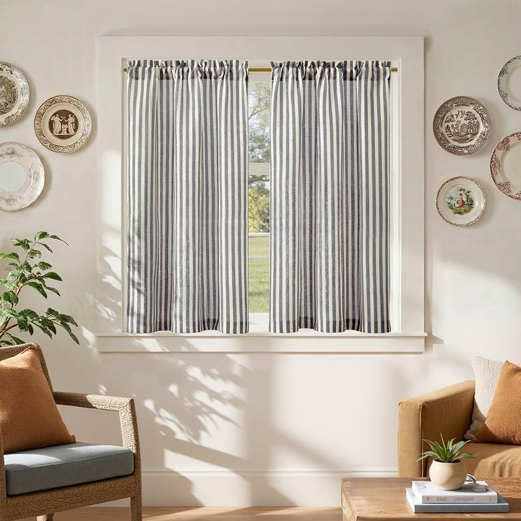 Photo 1 of jinchan Striped Linen Kitchen Curtains 45 Inches Tier Curtains Farmhouse Modern Cafe Style Small Window Treatments Airy Light Filtering Rod Pocket for Living Room Bathroom 2 Panels Charcoal Grey