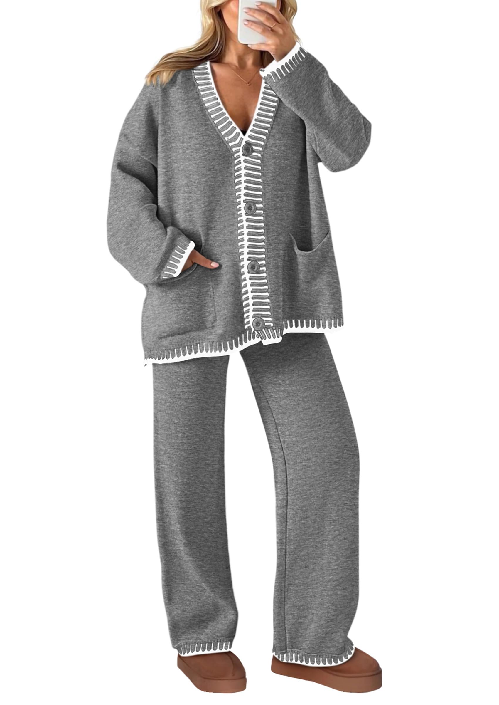 PRETTYGARDEN Women's 2 Piece Outfits Knit Matching Lounge Sets Long Sleeve V Neck Cardigan Sweaters Wide Leg Pants Tracksuits (Grey,Large)