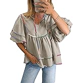 Cicy Bell Womens Summer Babydoll Tops V Neck Short Lantern Sleeve Shirts Cute Loose Fit Peplum Flowy Blouses