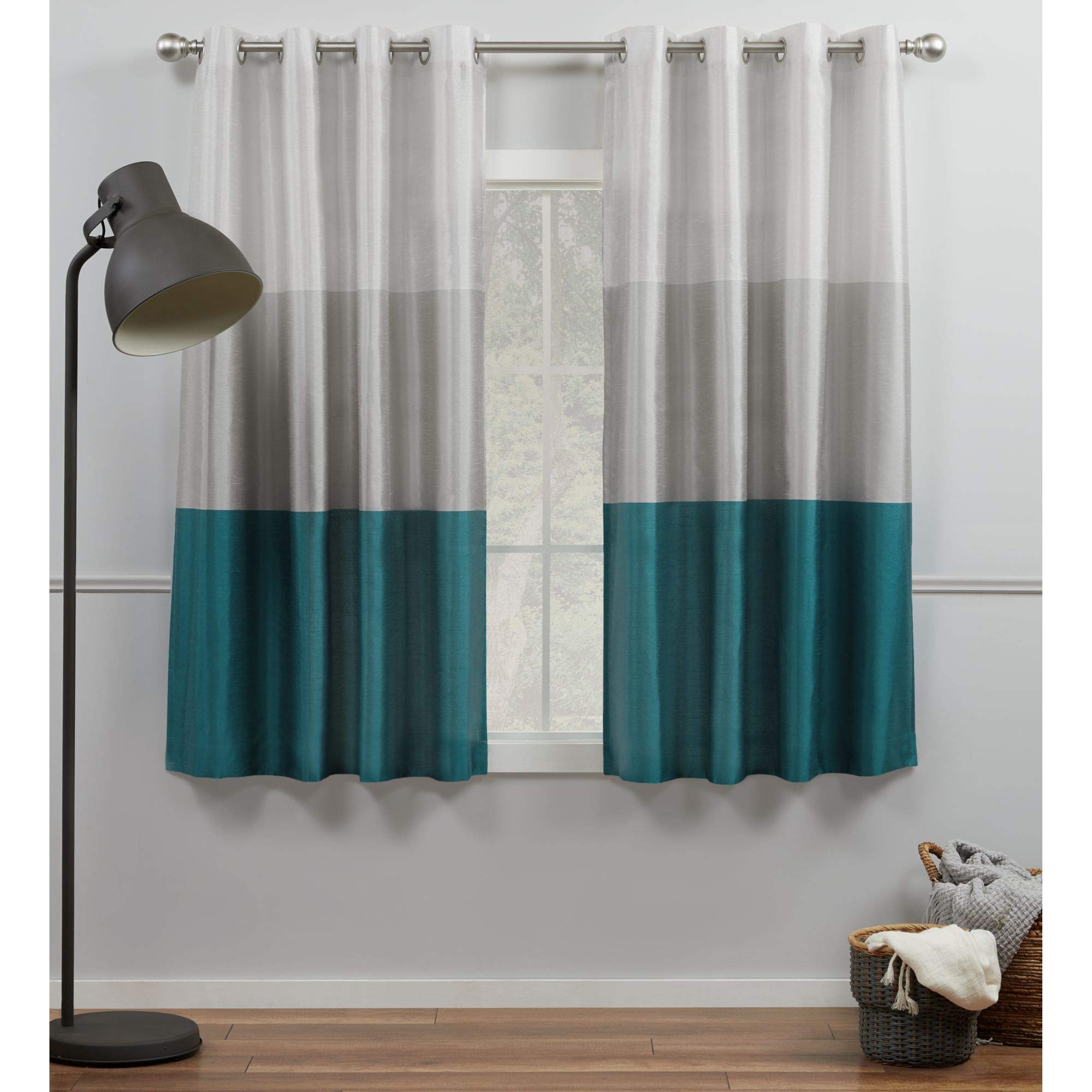 Exclusive Home Curtains Striped Faux Silk Grommet Top Curtain Panel Pair, 100% Polyester, Teal, 54x63