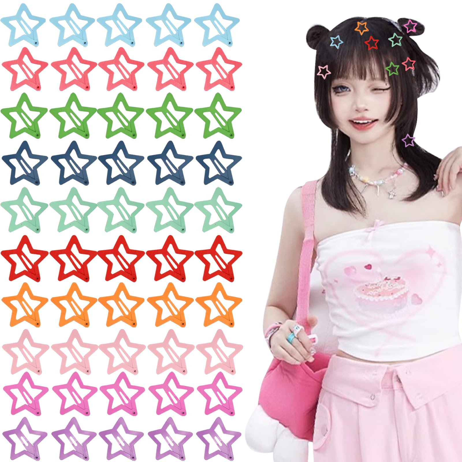 50Pcs Star Hair Clips, Metal Star Snap Hair Clips, Star Clips 2000s Colorful Star Hairpins, Anti Skid Star Clips for Thick Thin Hair, Kawaii Hair Clips Hair Accessories for Girls Women (10 Colors)