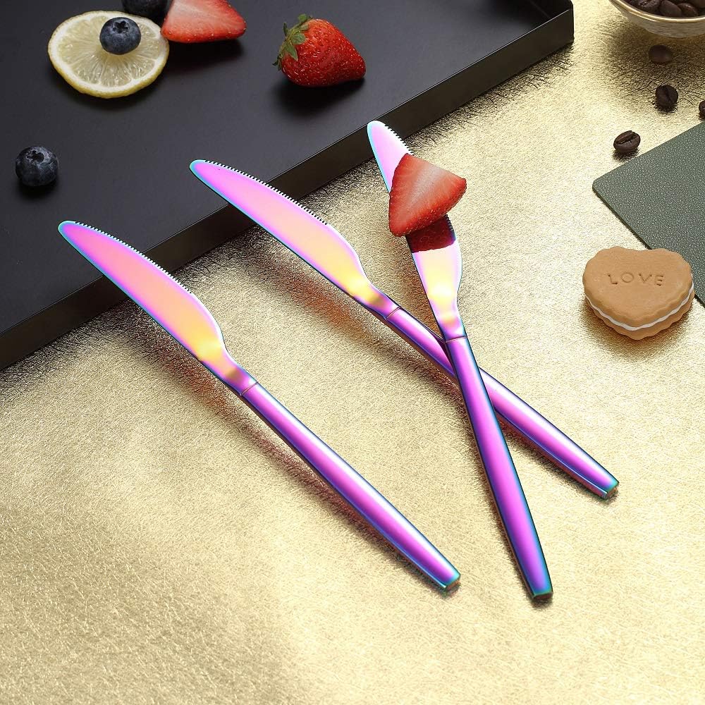  | Rainbow Dinner Knives 4 Pieces, Homquen Sturdy 9" Stainless Steel Modern Design Knife, Colorful Titanium Plating Knifes Set With Round Edge Dishwasher Safe: Flatware Sets