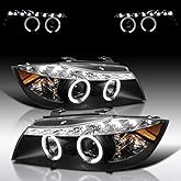 Autozensation Compatible with 2006-2008 BMW E90 3-Series 4 Door Sedan, Left + Right Pair Headlamps Assembly, LED Strip Black 