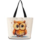ZhuVantrix Cartoon Owl Tote Bag Reusable Grocery Bags Cute Aesthetic Shopping Shoulder Handbag with Interior Zipper Pocket Lightweight & Washable Stylish Owl Present for Women