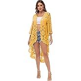 Anna-Kaci Women's Crochet Long Vest Boho Short Sleeve Kimono Cardigan Swimwear Cover up