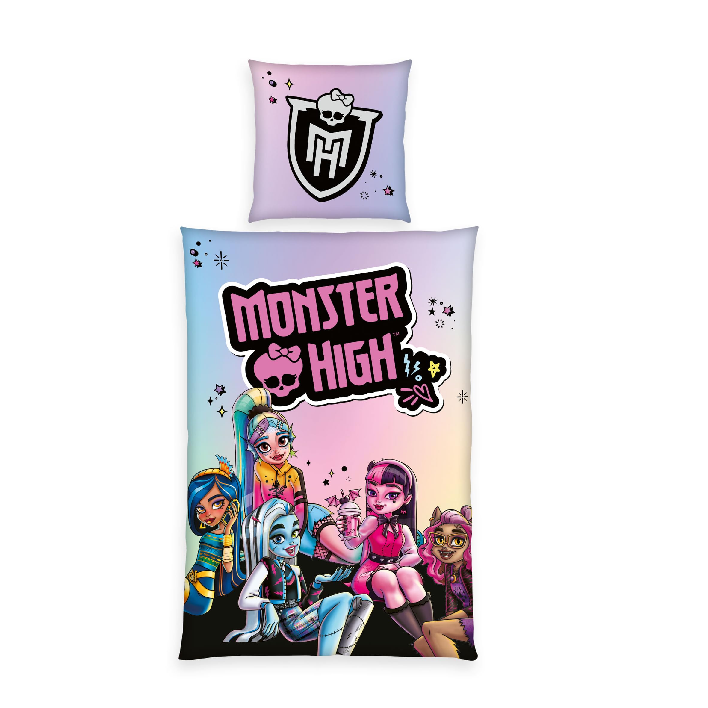 Herding Monster High Bed Linen, Pillowcase 80 x 80 cm with Zip and Reversible Motif, Duvet Cover 135 x 200 cm, with Zip, 100% Cotton/Renforcé