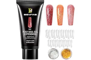 BEVINAS Poly Nail Gel Kit Glitter Poly Gel Nail Colors Dual Nail Forms Gold Silver Sequins (POLY GEL 06)