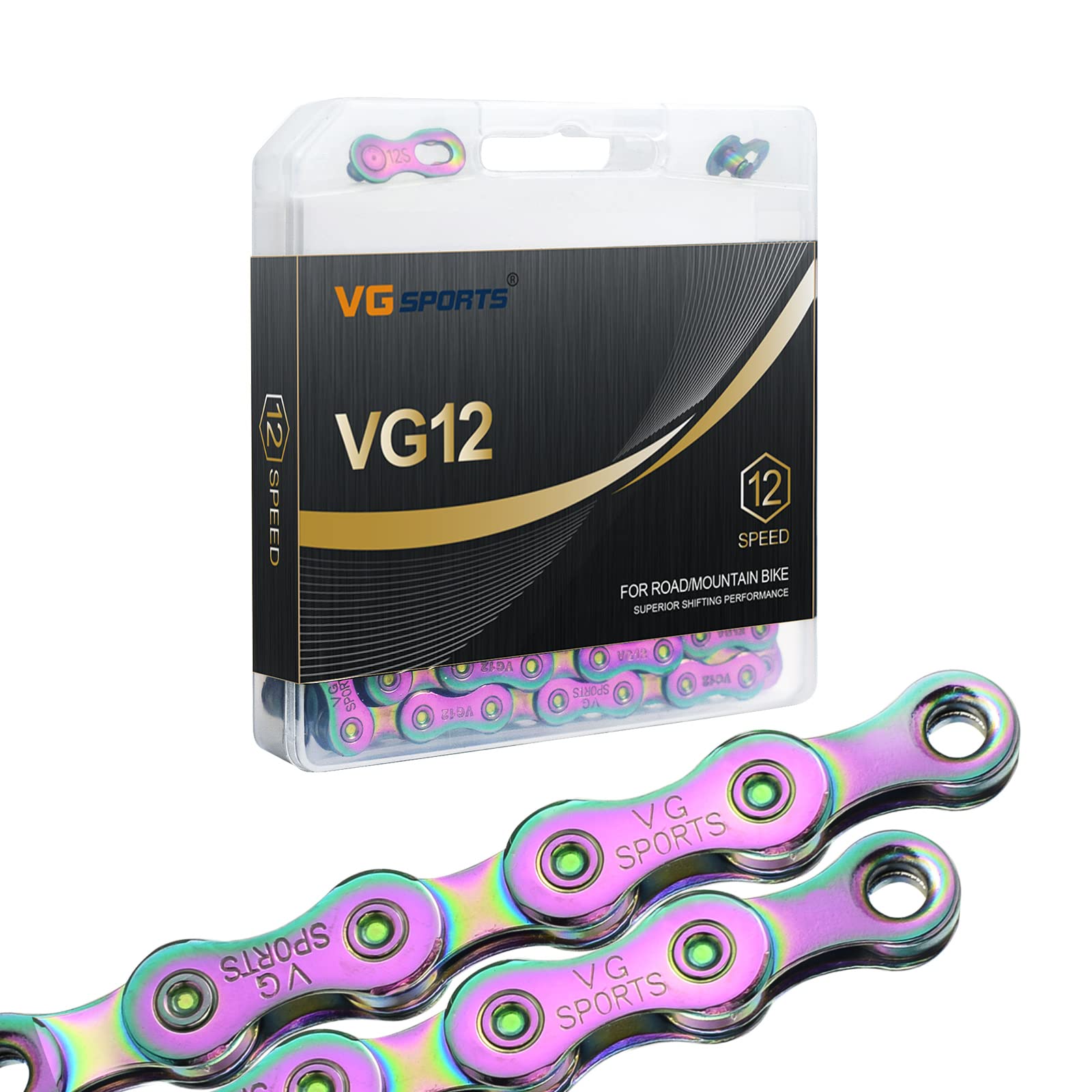 Photo 1 of VG Sports 12 Speed Bike Chain,Full Hollow Ultra Light Bicycle Chain Suitable for Moutanin Bike Road Bike,1/2 x 11/128 Inch,126Links, Silver/Rainbow/Titanium