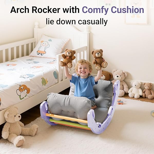 COSYLAND KIDS CLIMBING ARCH ROCKER WITH CUSHION – SOLID WOODEN TODDLER CLIMBING TOYS INDOOR WITH HANDRAILS ON EACH SIDE – INDOOR PLAYGROUND ARCH PIKLER CLIMBING LADDER (PURPLE FRAME, RAINBOW STICKS)