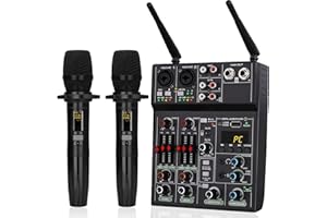 SRORA Professional 4 Channel Audio Mixer, Bluetooth Audio Mixer With Dual Wireless Mic, USB Bluetooth MP3 Input 48V Phantom Power, Sound Mixer for Home Karaoke Party Podcast PC Studio Recording（4 CHANNEL）