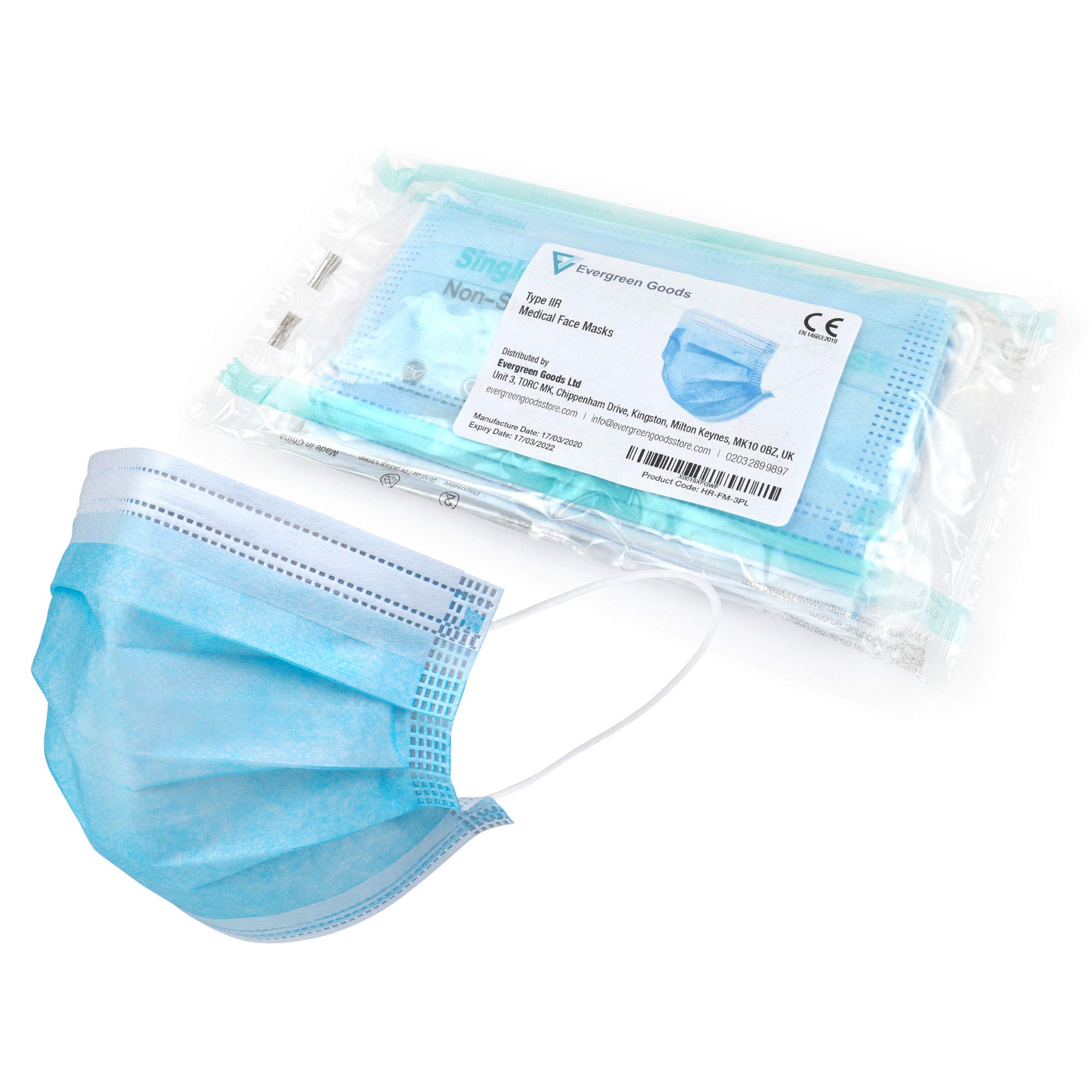 Evergreen Goods 10Pcs Genuine Type IIR Medical Surgical Mask | 3-Ply Single-Use Face Mask | Latex-Free Elasticated and Splash Proof | Sealed Bag & Water Repellent Surface