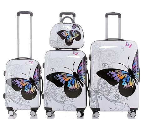BEIBYE Reisekoffer Hartschalen Hardcase Trolley Zahlenschloss Polycarbonat Set-XL-L-M- Beutycase (Butterfly, 4er Set(XL+L+M+S