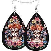 Mexican Skull Dia De Muertos Teardrop Earrings For Women, Dangle Earrings Jewelry For Women, Lightweight Faux Leather Earrings Gifts