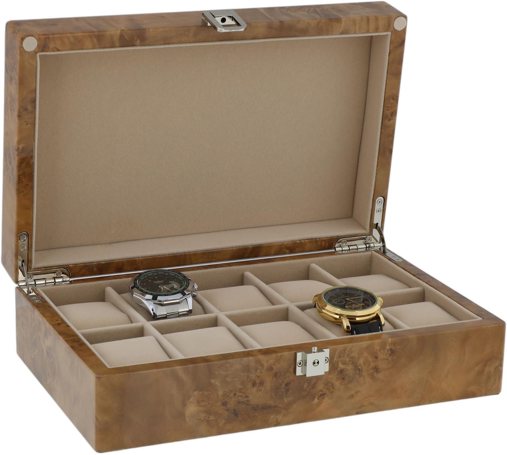 Watch Collectors Box for 10 Wrist Watches in Light Burl Wood with Solid Lid by Aevitas