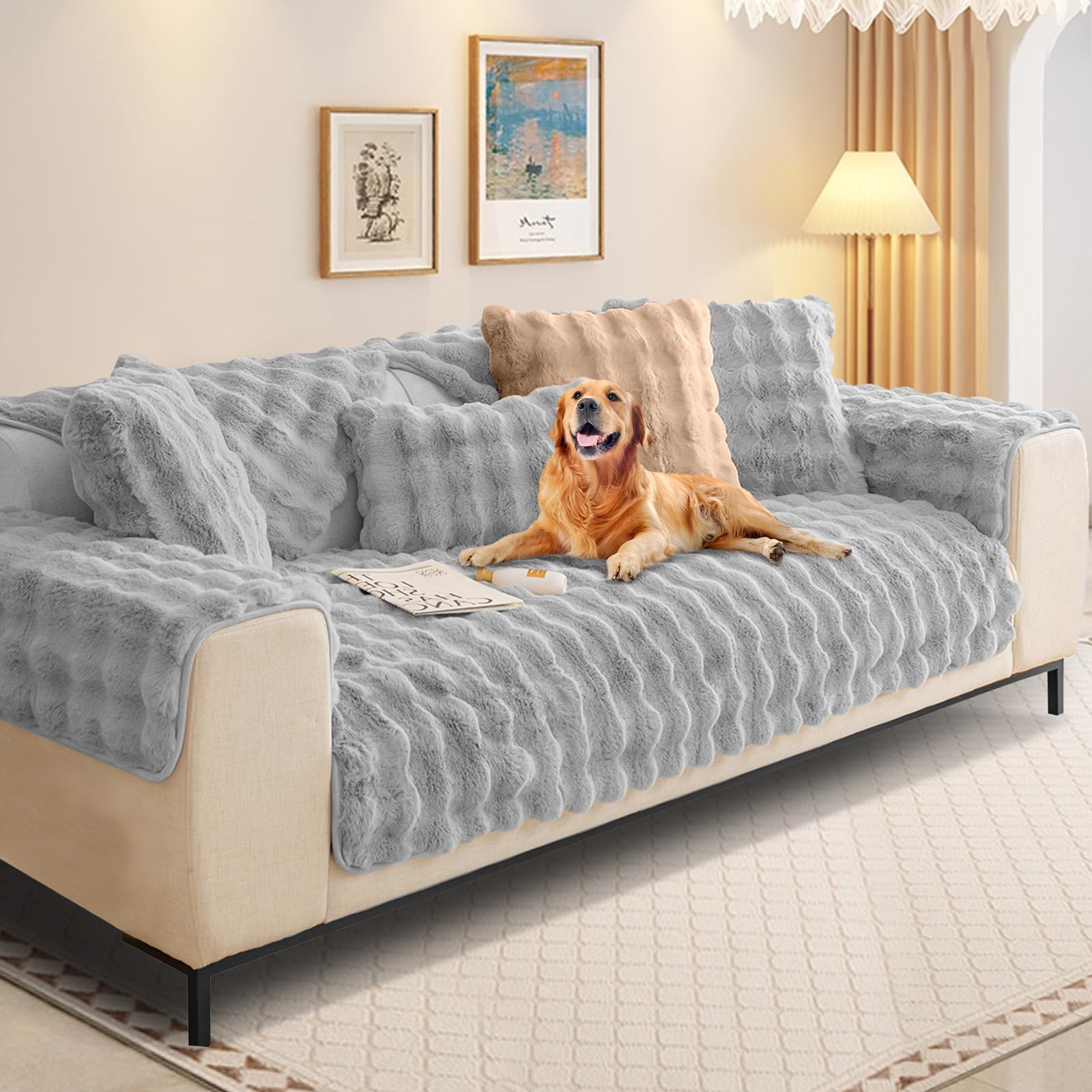 SHANNA Thick Rabbit Plush Sofa Cover 1 2 3 Seater, New Universal Non-Slip Corner Sofa Cover L Shape Super Soft Faux Fur Sofa Slipcovers for Living Room(Light Grey, 110 * 110cm Chaiselongue Cover)