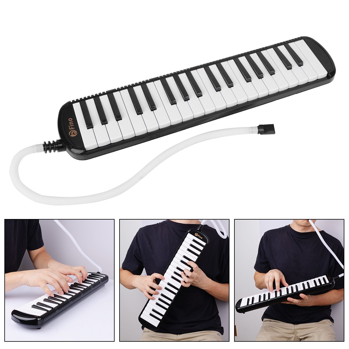 FINO 37Key Melodica Instrument Kit Pianica Wind Musical Instruments Air Piano Keyboards with Mouthpiece Tube Set Portable for Music Lovers Beginners Gift with Carrying Bag Black