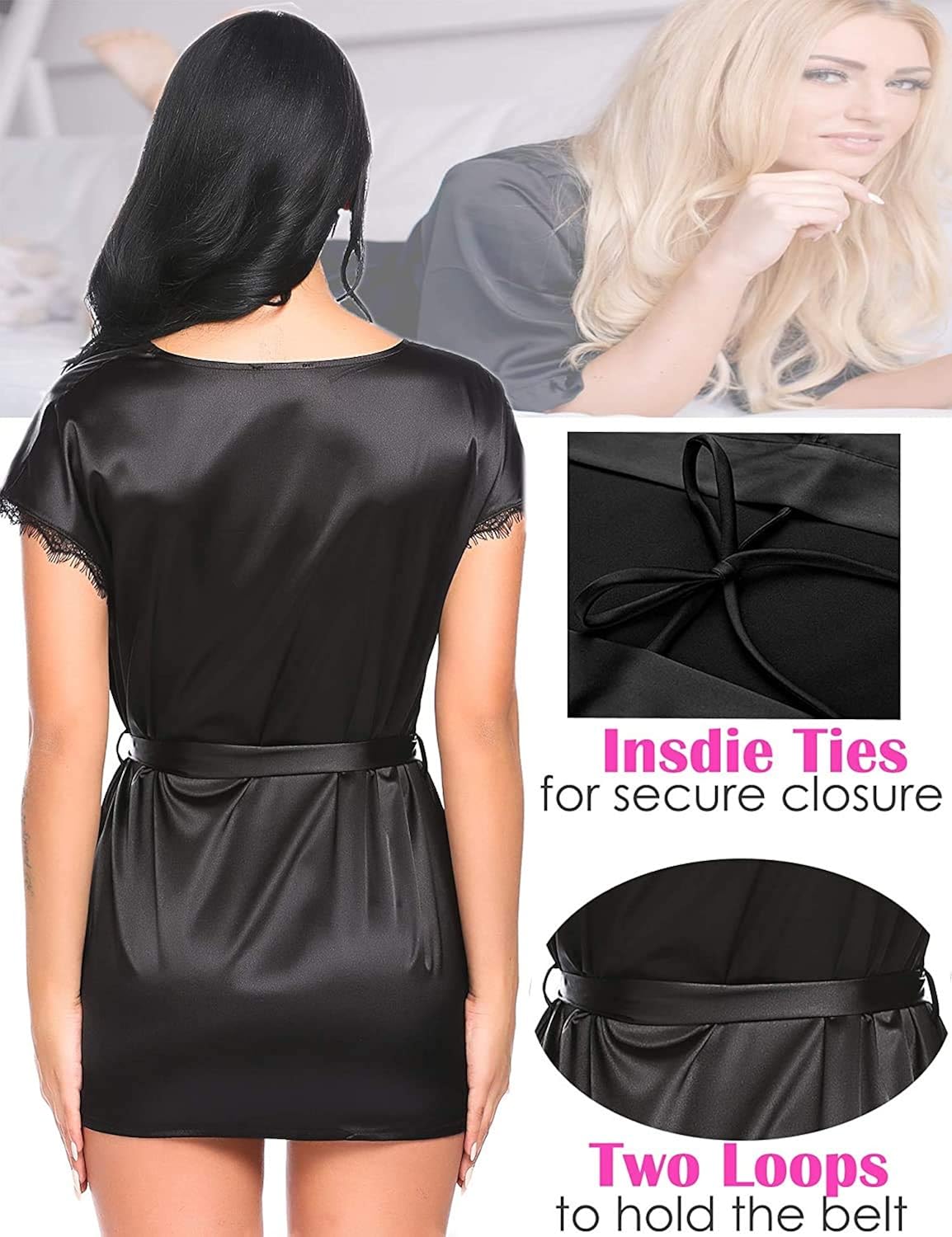 Avidlove Women Lingerie Robe Satin Lace Trim Sexy Kimono Robes with Inside Ties at  Women’s Clothing store