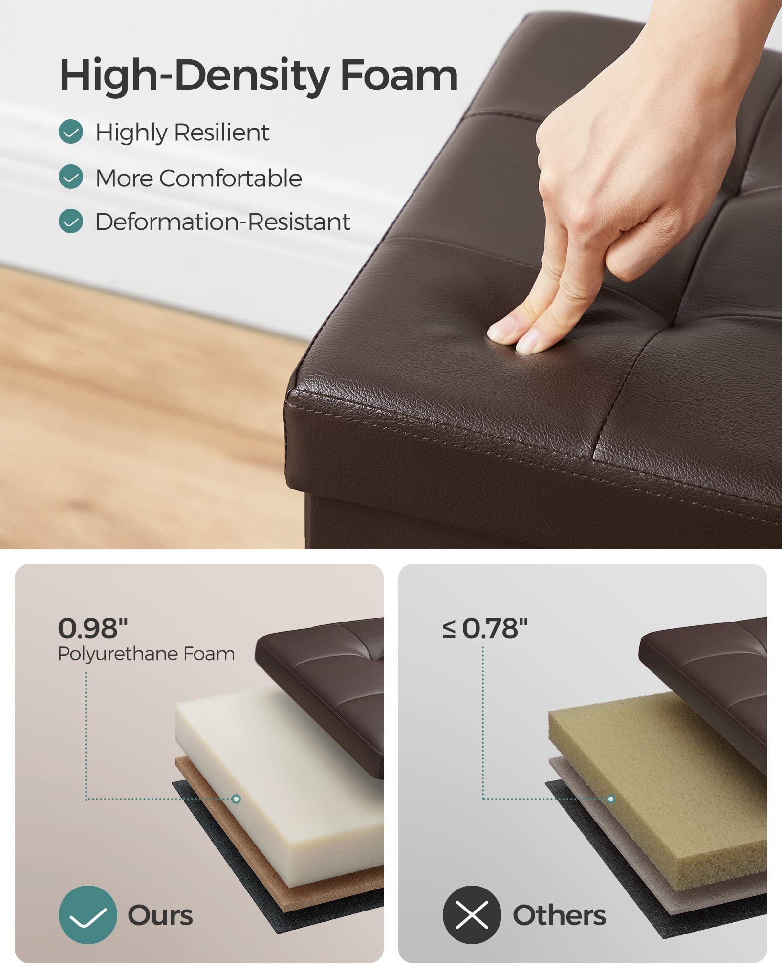 SONGMICS MAZIE Collection - 30 Inches Storage Ottoman Bench with Flipping Lid, Storage Chest Footstool, Load 660 lb, for Entryway, Living Room, Bedroom, Synthetic Leather, Brown ULSF45BR