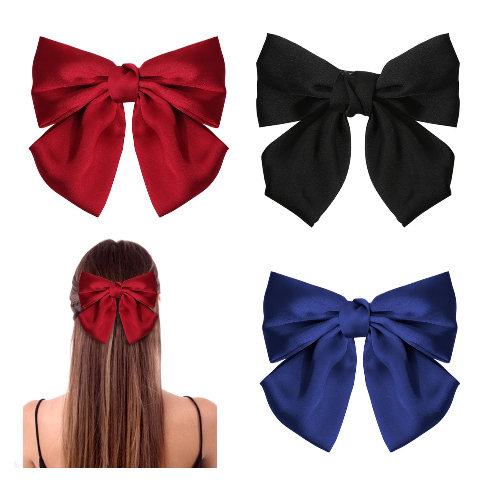 GWAWG 3PCS Bow Hair Clip，Hair Bows Barrettes Solid Color,Soft Satin Silky Hair Bows for Women Girls(Black, Red, and Blue)